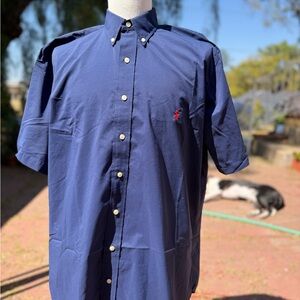 Ralph Lauren Navy Short-Sleeve Button-Down Shirt with Red Pony